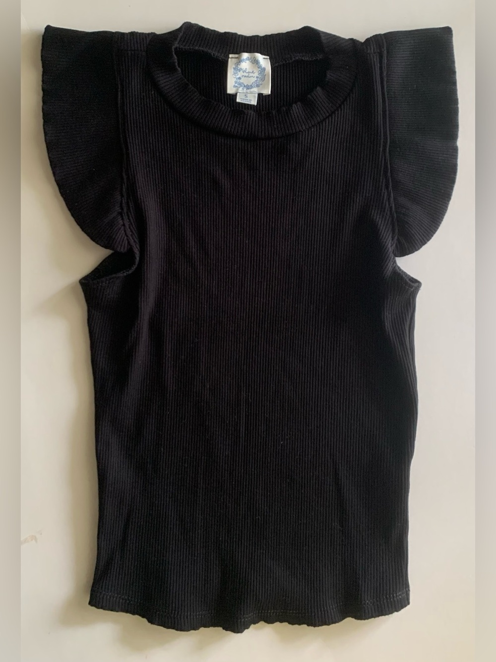 Blue Rain Black Ribbed Flutter Ruffle Sleeve Feminine Basic Everyday Top Size S